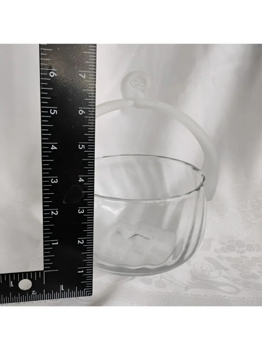 Vintage 70s Hand Blown Clear Art Glass Optic Basket, Frosted Satin Handle, MCM